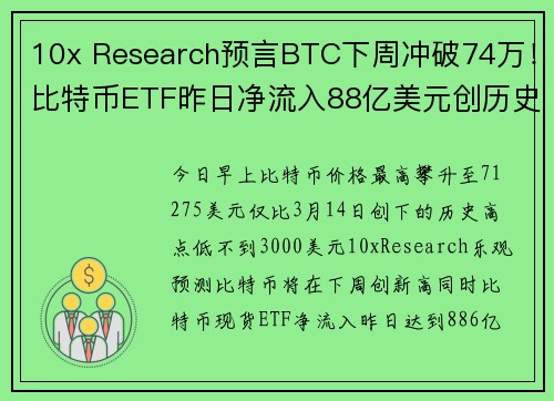 10x Research预言BTC下周冲破74万！比特币ETF昨日净流入88亿美元创历史次高 