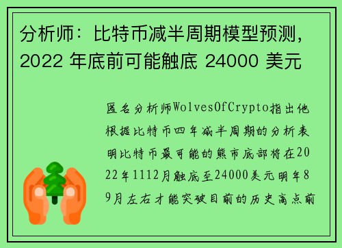 分析师：比特币减半周期模型预测，2022 年底前可能触底 24000 美元