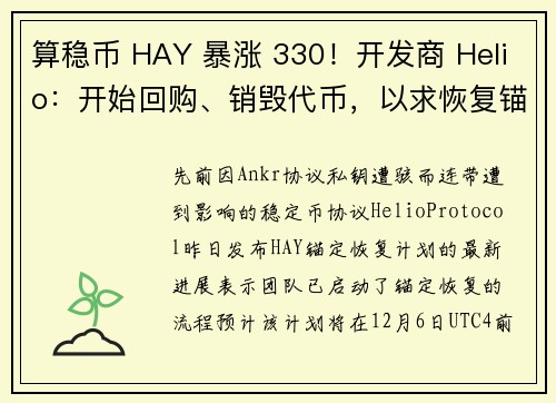 算稳币 HAY 暴涨 330！开发商 Helio：开始回购、销毁代币，以求恢复锚定